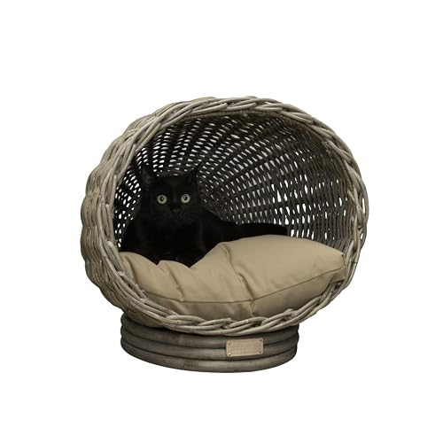 THE LICKER STORE CBD1001A Socket Dome 19.5" x 17" Bohemian Handwoven Rattan Cat Bed with Machine-Washable Cushion, Kubu Gray