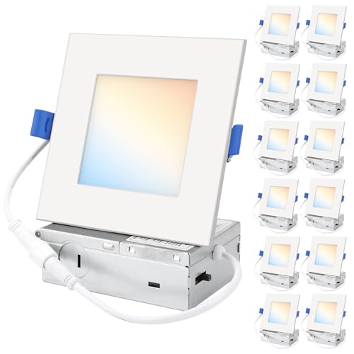 HONZIN 12 Pack 6 Inch Square LED Recessed Lighting, 5CCT Ultra-Thin LED Ceiling Lights, 2700K/3000K/3500K/4000K/5000K Selectable, 13W, IC Rated, Dimmable White Square Trim with Junction Box