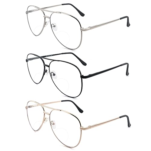 SOPHILY 3 Pack Bifocal Reading Glasses for Women Men, Aviator Bi-focal Readers Glasses Dual Focal Eyewear +1.50