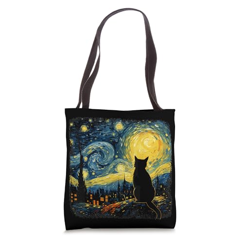 Cat Starry Night Van Gogh Cat Art Tote Bag - Black, 16" x 16" - Adults, Unisex