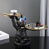 NUACOS Cool Bulldog Statue Bulldog Butler Figurine with 2 Metal Trays, Resin Sculpture for Home Decor, Living Room Bedroom Office Artworkdesktop Decoration (Black)