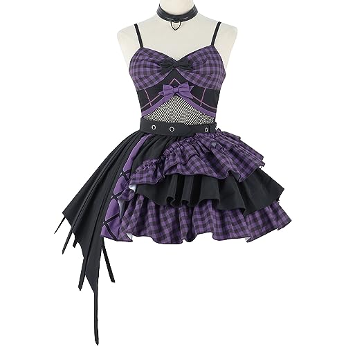 Goth Lolita Dress Jsk Little Devil Singing Suit Purple Plaid Outfit Streetwear Women Strap Crop Top And Mini Skirt(Color:Purple,Size:Large)