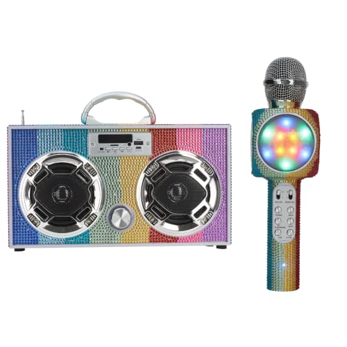 Wireless Express Bling Bundle - LED Mini Boombox with Radio and Bluetooth - Bluetooth Karaoke Microphone - Radio Microphone Bundle (Rainbow Bling)