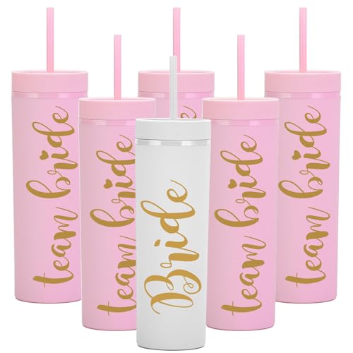 Essasea Bride & Team Bride 16oz Skinny Tumblers.Bachelorette Party Cups.Engagement Wedding Gifts.Bridesmaid Proposal Gifts.Bridal Shower Gifts.Bride Bridesmaids Bridal Party Tumblers Cups.
