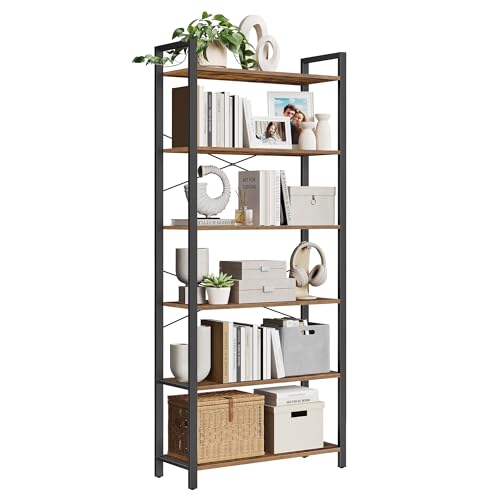 VASAGLE 6-Tier Bookshelf, Bookcase with Steel Frame, Book Shelf for Living Room, Home Office, Study, 11.8 x 31.5 x 73.2 Inches, Industrial Style, Rustic Brown and Ink Black ULLS082B01