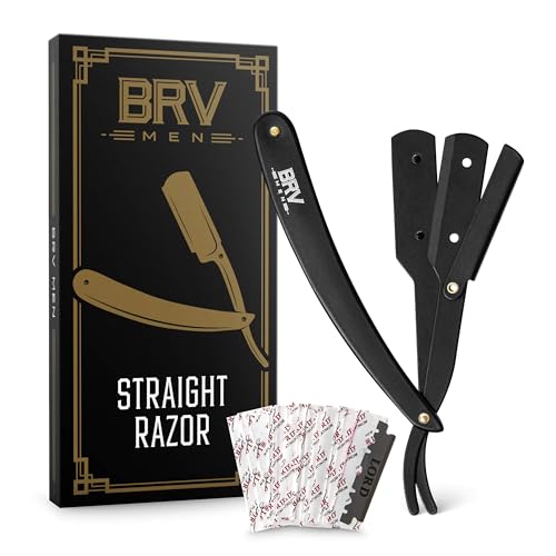 BRV MEN Professional Straight Edge Barber Razor w/ 100 Lord Platinum Single Edge Razor Blades | Straight Razors for Men | Barbershop Accessories | Mens Shaving Knife & Shavette - Black