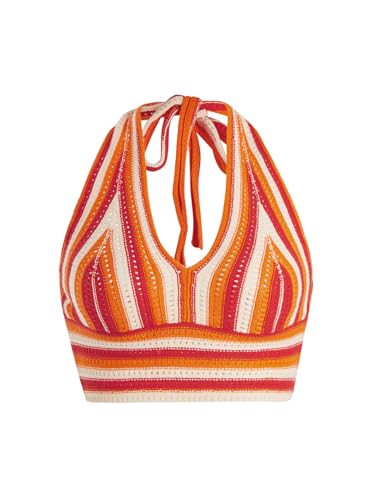 Verdusa Women's Colorblock Striped Crop Halter Top Tie Backless V Neck Going Out Tops Orange Red Small