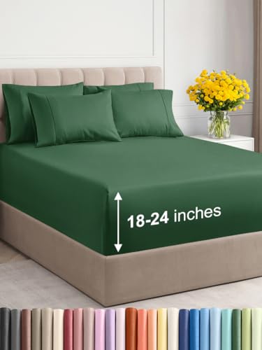 Extra Deep King Sheet Set - 6 Piece Breathable & Cooling Sheets - Hotel Luxury Bedding Set w/18-24 Inch Extra Deep Pockets - Easy Fit - Super Soft, Wrinkle Free and Comfy - Emerald Green, King Size