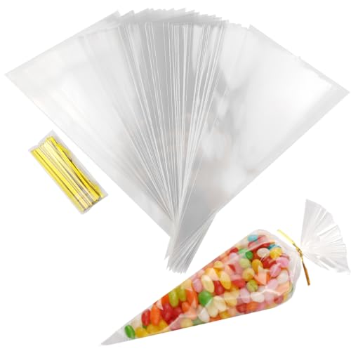 RONYOUNG 300PCS 5x10 Inches Clear Cone Shaped Cellophane Treat Bags With Twist Ties for Treats, Popcorn Favor, Candy (60 Micron)