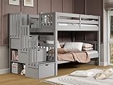 Bedz King Stairway Bunk Beds Twin over Twin with 3 Drawers in the Steps, Gray