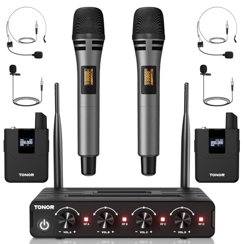TONOR Wireless Microphone System, 4 * 10-Channel UHF Cordless Handheld Mic Set with Headset/Lavalier Lapel Mics, Bodypack Transmitter, Receiver, 200ft Range for Karaoke Singing Church DJ PA Speaker
