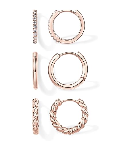 PAVOI 18K Rose Gold Plated 925 Sterling Silver Posts 3 Pairs Small Hoop Earrings for Women - Cubic Zirconia Plain Rope Huggie Hoops Pack - Lightweight Earrings Set