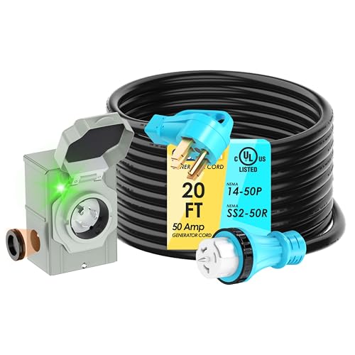CircleRiver 50 Amp 20 Feet Generator Cord and Power Inlet Box Combo Kit NEMA 14-50P Male to SS2-50R STW 6/3+8/1 AWG 125/250V Twist Locking with Inlet Box for Generator to House, UL Listed