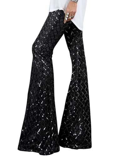 EVALESS Women's Sparkly Bling High Waisted Wide Leg Sequin Pants Bell Bottom Clubwear Parties Black Stripe M