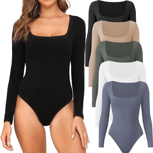 CE' CERDR 4/5 Pack Long Sleeve Bodysuits for Women Square Neck Body Suit Stretchy Tops