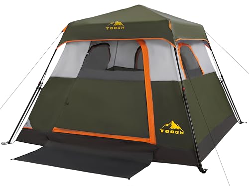 Toogh 3/4 Person Camping Tent with 1 Door, 4 Windows, and Upgraded Ventilation– Instant Setup, Waterproof, 8'x 8'x 67''Oxford Fabric Floor Pop Up in 60 Seconds Includes Rainfly and Backpack