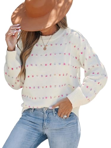 CUPSHE Womens Sweaters Rainbow Dots Long Sleeve Sweater Crewneck Lightweight Knit Pullover Sweater Tops Apricot, L