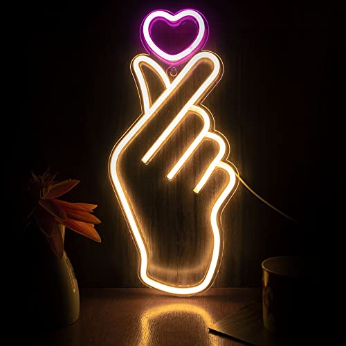 Finger Heart Neon Signs - Heart Thumb South Korean Novelty LED Neon Light for K-pop & K-drama Fans - Korean Saranghae Love Cute Symbol for Wall, Bedroom, Game Room Decor