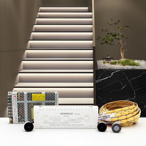 KOMIGAN Intelligent Motion Triggered LED Stair Lighting Kit KMG-3233, 60" Cuttable LED Strip Light for Indoor LED Stair Lights (Cool White 6000K,20 Stairs)