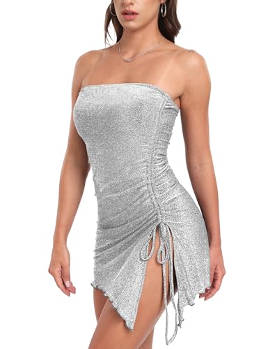 Womens Tube Top Dress Dinner Party Night Sexy Club Homecoming Short Cocktail Dresses Clubbing Outfits Silver