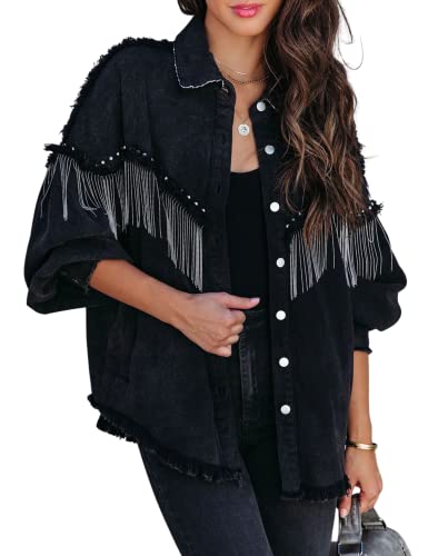 Daacee Casual Frayed Tassel Black Denim Jacket for Women Fashion Fringe Rhinestone Cowgirl Jean Coats(0191-Black-XXL)
