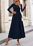 PRETTYGARDEN Women's 2 Piece Outfits Dressy Casual Ribbed Knit Long Sleeve Crop Tops Maxi Flowy Skirts Matching Sets (Navy,Medium)