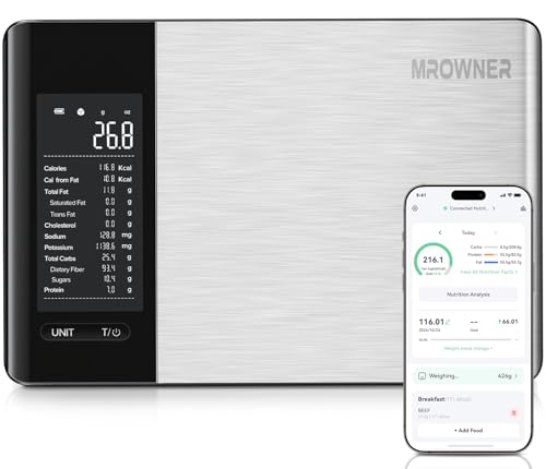 MrOwner Smart Food Kitchen Scale with Nutritional Calculator, Free App with 19 Nutrients Tracking, Calorie, Marco, Digital Weight Grams and Ounces for Weight Loss, Premium Stainless Steel, 22lb