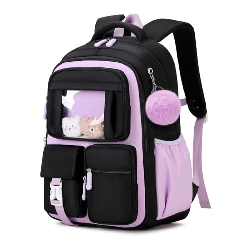 PIG PIG GIRL Kids Backpack for Girls School Bags for Middle School Students Book Bag for Elementary Primary School Kawaii Ita Backpack, Black and Purple