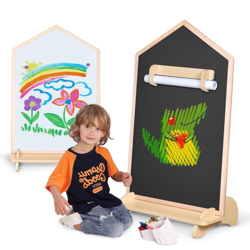 KRAND House Design Double-Sided Magnetic Drawing Board w/Detachable Roller for Kids, Extra Large Art Easel for Toddlers Boys and Girls Gift (Wall Mountable)