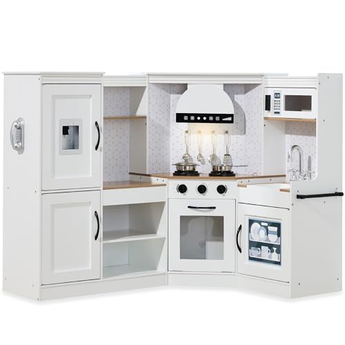 Best Choice Products Pretend Play Corner Kitchen, Ultimate Interactive Wooden Kids Playset w/Lights & Sounds, Ice Maker, Hood - Farmhouse White