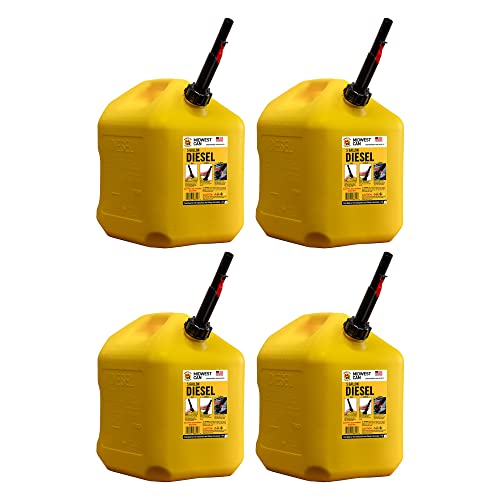 Midwest Can 8610 Safe-Flo Auto Shut Off 5 Gallon Diesel Can Yellow Plastic Fuel Container with FlameShield Safety System & Quick-Flow Spout - 4 Pack