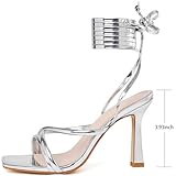 Mostrin Silver Strappy Heels for Women Lace Up Heels Tie Up Stiletto Heeled Sandals Square Open Toe High Heels for Prom, Party and Weddings Size 8