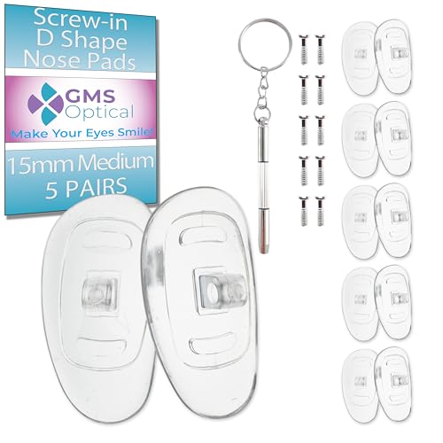 GMS Optical Soft Silicone D-Shaped Screw-in Nose Pads for Glasses, Sunglasses, and Eye Wear - 15mm (5 Pair)