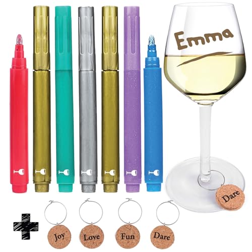 Vaci Markers Wine Glass Markers - 7 Pack | 7 Metallic Color Pens with 4 Wine Glass Charms | Washable & Erasable | Great for Parties, Baby Showers, Weddings or Any Occasions | For Adults