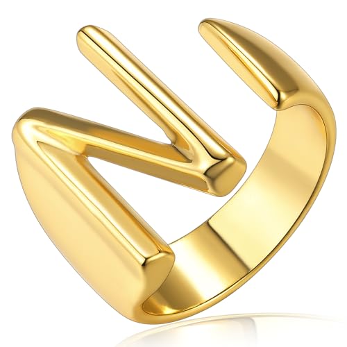 Gold Harrys Styles Initial N for Women, GoldChic Jewelry Letter N Adjustable Statement Rings Party|Women’s Statement Ring|14k Gold Plated Open Alphabet Rings|Letter A to Z