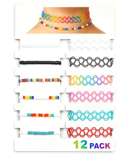 BodyJ4You 12PC Tattoo Choker Necklace - 90s Accessories 2000s Jewelry Y2K Fashion Vintage Trendy - Vibrant Colorful Boho Bohemian Beads - Adjustable Stretchy Elastic Necklace Summer Gift Set