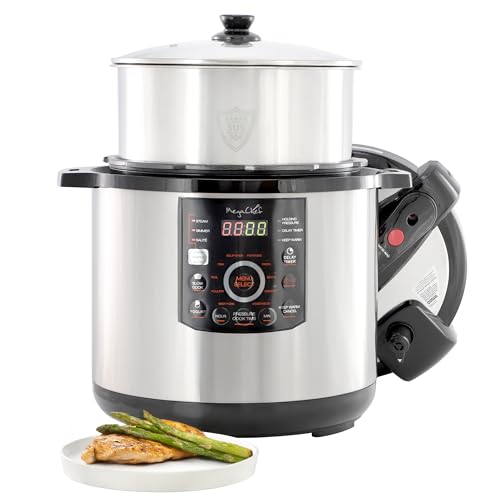 MegaChef 12 Quart Electric Digital Pressure Cooker, Multi-Cooker with 15 Preset Cooking Functions, Stainless Steel Cooking Pot and Glass Lid