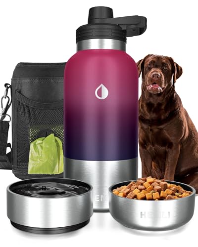 HEMLI 32 oz. Dog Water Bottle, Insulated Dog Travel Water Bottle, Stainless Steel Pet Water Bottle Dispenser Portable Food and Water Bowl for Dogs with Carrying Case for Walking Dog Canteen Travel Kit