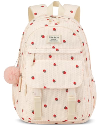 WINDARS School Backpack for Teens, Large Corduroy Bookbag Cute 15.6 Inch Laptop Bag for Girls Women Lightweight Aesthetic High School College Back Pack for Student Nurse, Beige Strawberries