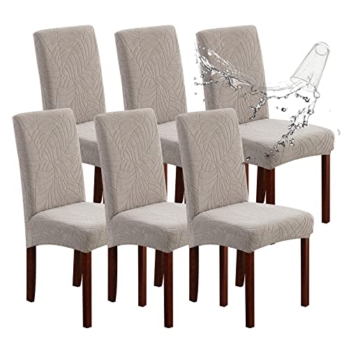 Genina Waterproof Chair Covers for Dining Room 6 Pack, Stretch Jacquard Dining Chair Cover Removable Washable Chair Protectors Cover for Kitchen, Home (Leaves-Warm Gray, 6 PCS)