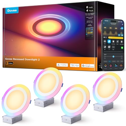 Govee Smart Recessed Lighting 6 inch, RGBIC LED Retrofit Recessed Light Compitable with Matter and Alexa, 2700K-6500K Dimmable 1100LM Canless Downlight with Junction Box for Bedroom, 4 Pack