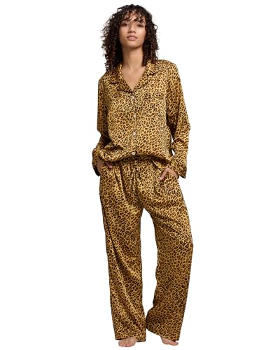 YiNi LuLu Womens Silk Satin Pajamas Set Button Down 2 Piece Pjs Set For Women Long Sleeve Oversized Sleepwear with Pockets Leopard