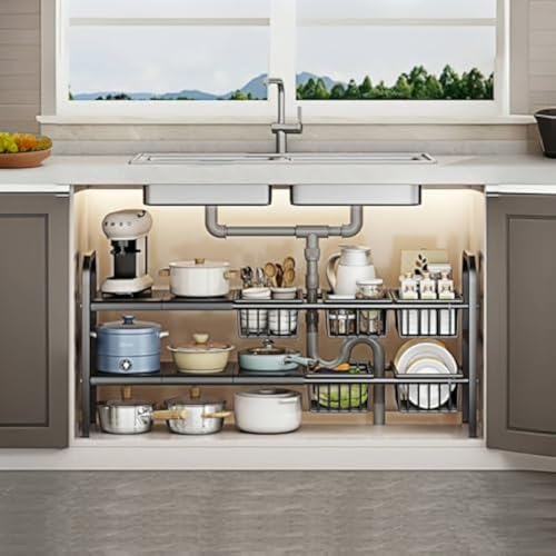 Fliqor Under Sink Organizer，2 Tier Expandable Heavy Duty Metal Shelf，with 5 Removable Panels and 5 Storage Basket for Under Kitchen Bathroom Sink Organizers and Storage(Black, Large)