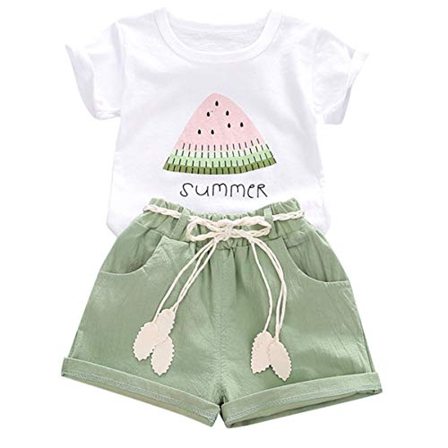 YOUNGER TREE Toddler Baby Girls Clothes Watermelon T-Shirt + Linen Shorts with Belt Cute Summer Short Set (Green, 2-3 T)