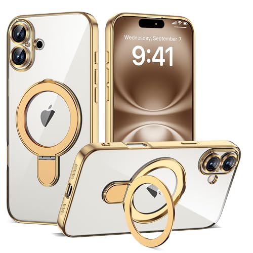 ETPESOK Compatible with iPhone 16 Plus Case with Invisible Magnetic Ring Stand [Compatible with Mag-Safe] [Full Camera Lens Protector] Plating Clear Phone Case for iPhone 16 Plus 6.7", Gold