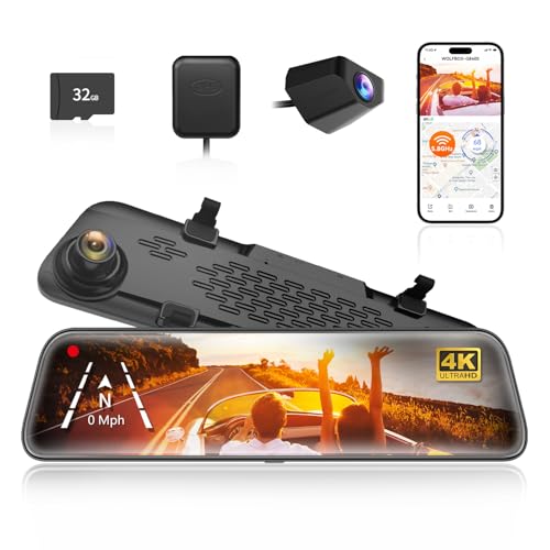 WOLFBOX G840S 12" 4K Mirror Dash Cam Backup Camera, 5.8GHz WiFi Smart Rearview Mirror for Cars & Trucks, Front and Rear View Dual Cameras, Night Vision, Parking Assistance, Included 32GB Card & GPS