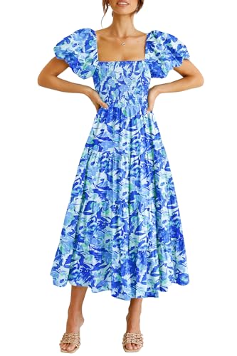 PRETTYGARDEN Women's Casual Summer Midi Dress Puffy Short Sleeve Square Neck Smocked Tiered Ruffle Dresses (Floral Blue,Large)