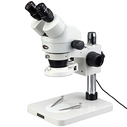 AmScope SM-1BSX-64S Professional Binocular Stereo Zoom Microscope, WH10x Eyepieces, 3.5X-45X Magnification, 0.7X-4.5X Zoom Objective, 64-Bulb LED Ring Light, Pillar Stand, Includes 0.5x Barlow Lens