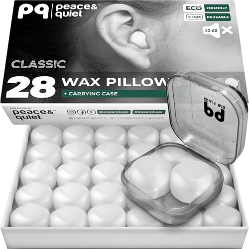 PQ Wax Ear Plugs for Sleeping - 28 Silicone Wax Earplugs for Sleeping and Swimming, Gel Ear Plugs for Noise Cancelling, Sleeping Earplugs, Sound Blocking Level of 32 Db (28 Pillows), Color: White