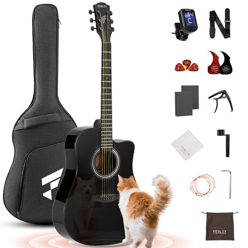Fesley X Acoustic Guitar Kit, 41 Inch Full Size 6 String Cutaway Guitarra Acústica for Beginner Adults with Tuner, Gig Bag, Strap, Steel Strings, Capo, Pickguard, Picks, FD60C, Black